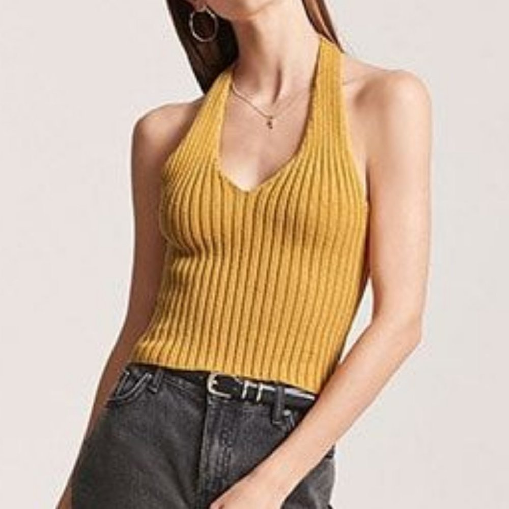 Forever 21 Ribbed Knit Halter Top Yellow Small